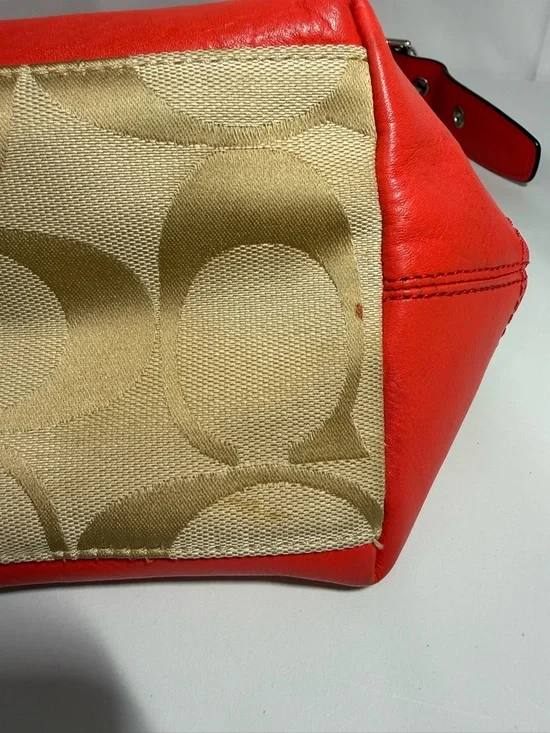 Coach Signature Canvas Red Leather Trim Large Shoulder Bag Hobo Tassel - Picture 13 of 16